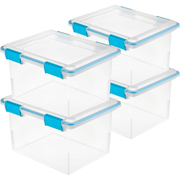 32 Qt Gasket Box, Stackable Storage Bin with Latching Lid and Tight Seal, Plastic Container to Organize Basement, Clear Base and Lid, 4-Pack