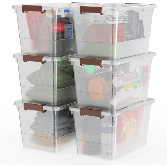 32 Qt Plastic Clear Storage Bin with Durable Lids and Latching Buckle, 6-Pack Tote Organizing Box Stackable and Nestable