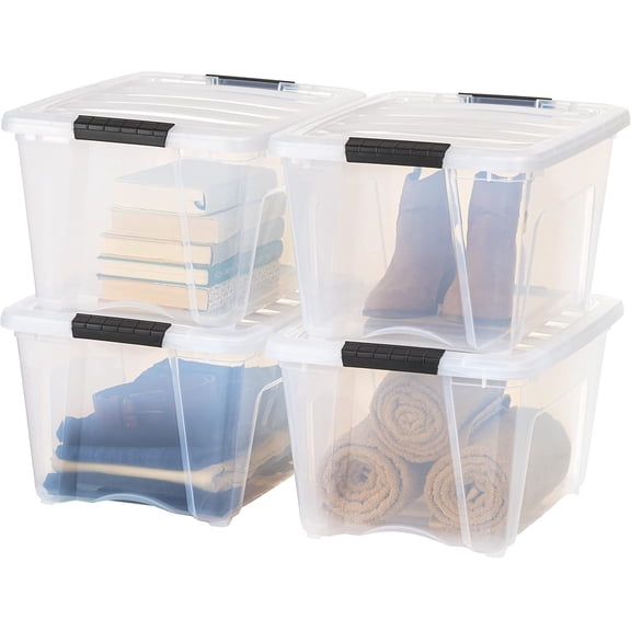 32 Qt Stackable Plastic Storage Bins with Lids, 4 Pack - BPA-Free, Latches, Durable Nestable Containers, Secure Pull Handle - Clear