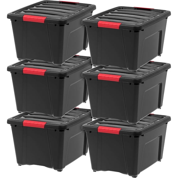 32 Qt Stackable Plastic Storage Bins with Lids, 6 Pack - BPA-Free,  Latches, Durable Nestable Containers, Secure Pull Handle - Black