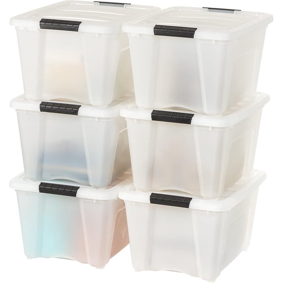32 Qt Stackable Plastic Storage Bins with Lids, 6 Pack - BPA-Free, Latches, Durable Nestable Containers, Secure Pull Handle - Pearl