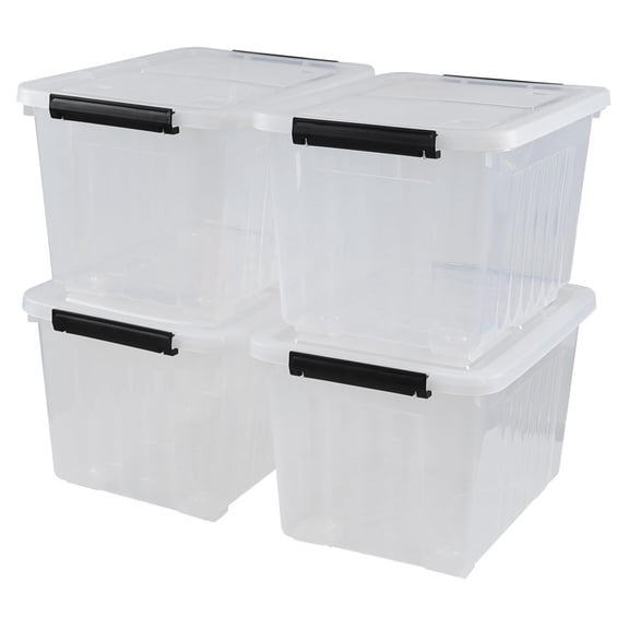 32 Quart Plastic Storage Bins with Wheels, 4 Pack Clear Latch Container Box, Rolling Tote Organizer for Closet, Garage, Classroom, Under Bed Storage, Stackable Utility Totes