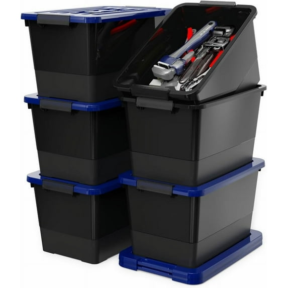 32 Quart Stackable Plastic Storage Bins with Blue Lids, 6 Pack Black Containers with Latching Buckles and Handle, Durable Nestable Boxes Organizing for Closet, Garage, Tool Room