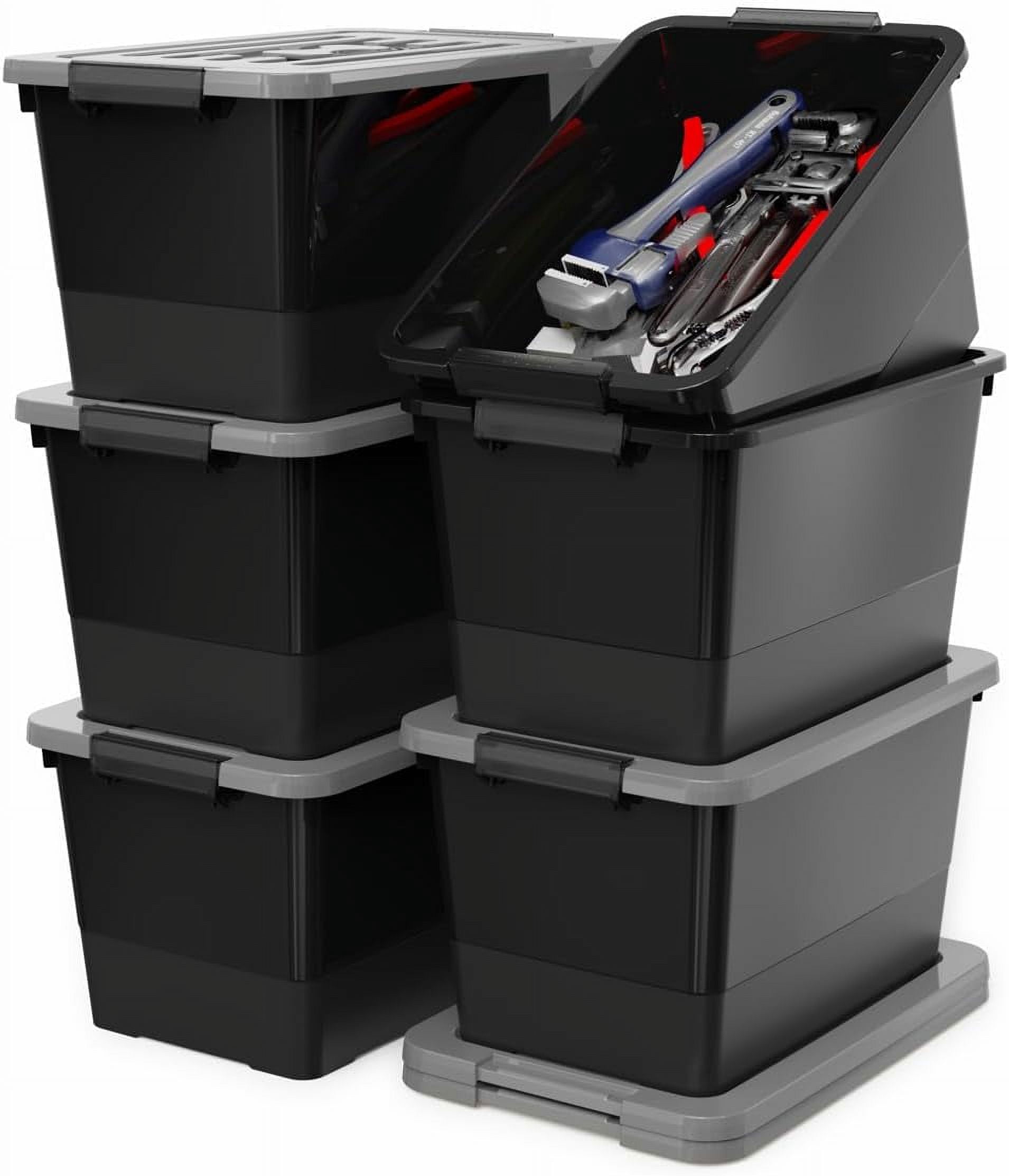 32 Quart Stackable Plastic Storage Bins with Grey Lids, 6 Pack Black ...