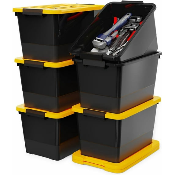 32 Quart Stackable Plastic Storage Bins with Yellow Lids, 6 Pack Black Containers with Latching Buckles and Handle, Durable Nestable Boxes Organizing for Closet, Garage, Tool Room