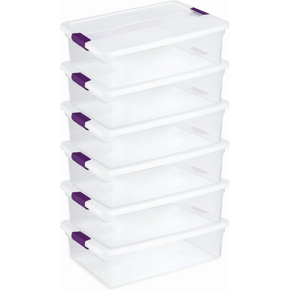 32 Quart Storage Box, Stackable Bin with Latching Lid, Plastic Container to Organize Clothes Underbed, Clear Base, Lid, 6-Pack