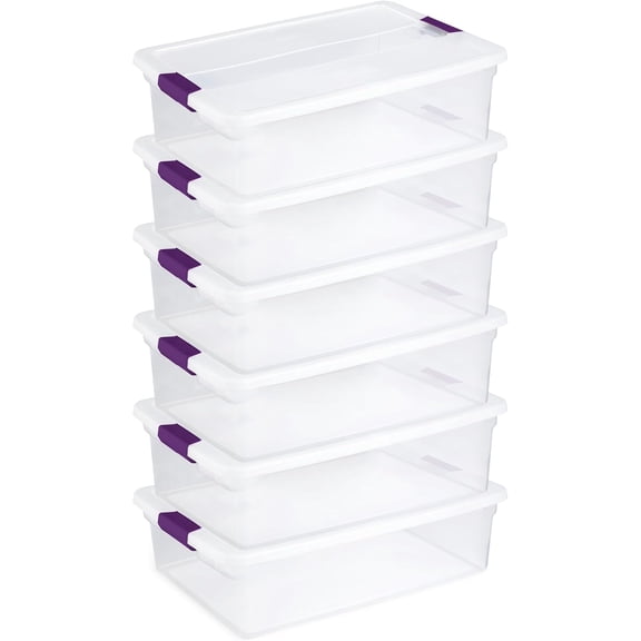 32 Quart Storage Box, Stackable Bin with Latching Lid, Plastic Container to Organize Clothes Underbed, Clear Base, Lid, 6-Pack