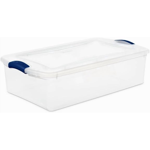 32 Quart Underbed Plastic Storage Bin with Latching Lid - Clear Stackable Container with Blue Handles for Bedroom, Closet, Dorm, or Seasonal Organization