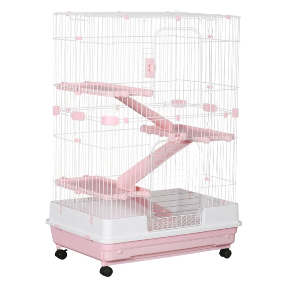 32" Rabbit Cage with Wheels, 4-Level Small Animal Hutch for Bunny, Chinchilla, Ferret - Pink