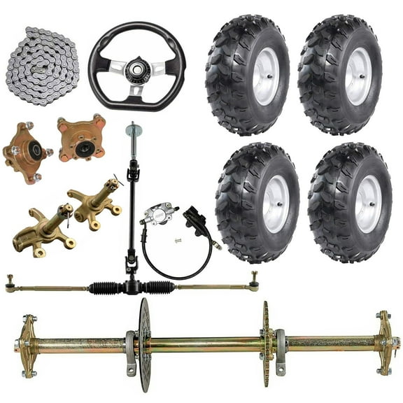 32" Rear Live Axle Kit & 19x7-8 Wheels Tires Rims, Steering Wheel Assembly, 428 Sprocket, Wheel Hub, Brakes and Front Steering for Custom Builds Go Kart Drift Trike Golf Cart ATV Quad Buggy