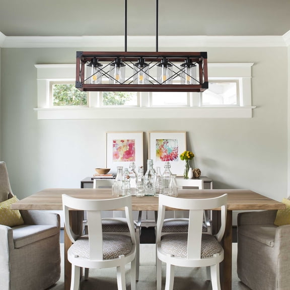 32" Red Wood Industrial Farmhouse 5-Light Pendant Light Rustic Chandelier for Dining Room, Kitchen Island, Cafe Decor (Bulbs Not Included)