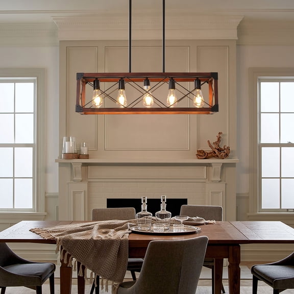 32" Red Wood Industrial Farmhouse Pendant Light, 5-Light Rectangle Chandelier for Dining Room Kitchen Island Cafe Decor (Bulbs Not Included)