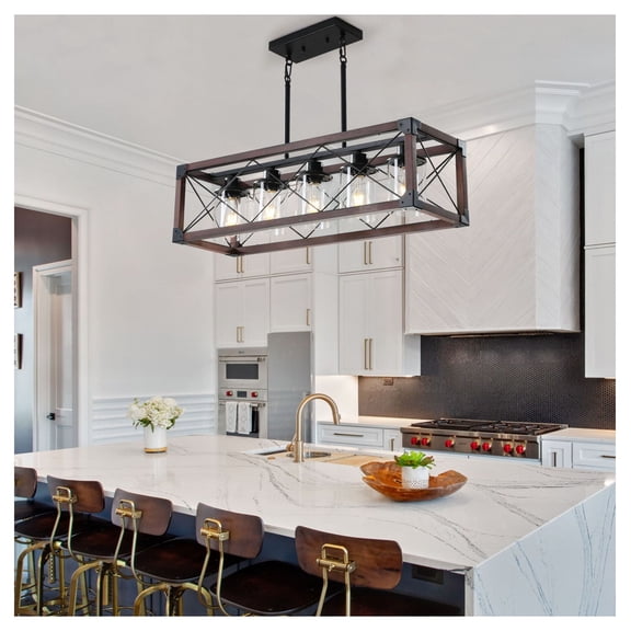 32" Red Wood Industrial Farmhouse Rectangle Pendant Light, 5-Light Chandelier with Lampshade for Dining Room, Kitchen Island, Cafe Decor (No Bulbs)