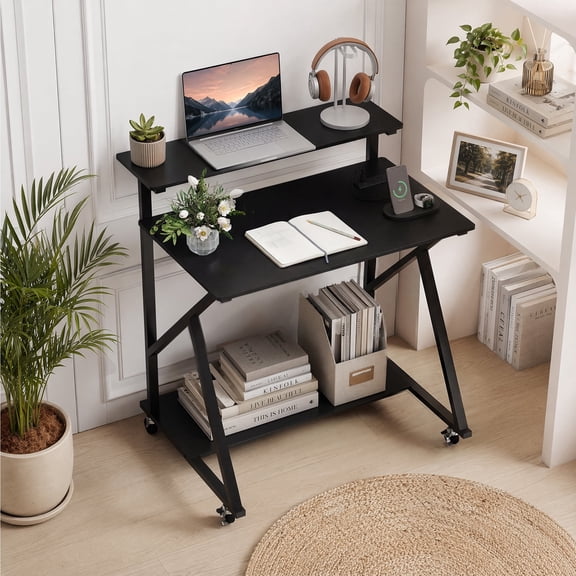 32" Rolling Computer Desk with Charging Station, Mobile Laptop PC Work Table with Storage Shelf for Small Spaces, Black