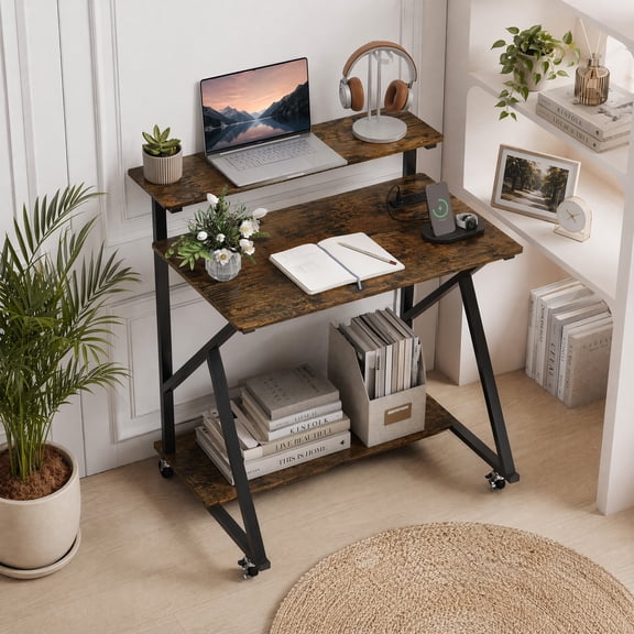 32" Rolling Computer Desk with Charging Station, Mobile Laptop PC Work Table with Storage Shelf for Small Spaces, Rustic Brown
