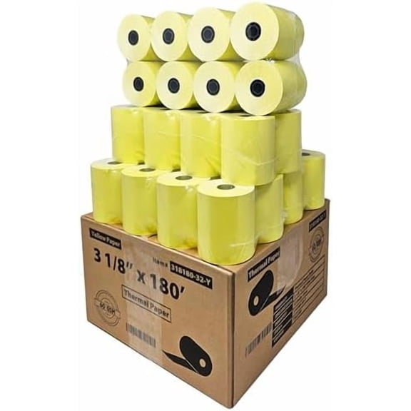 (32 Rolls) 3 1/8 x 180 Yellow Thermal Paper Receipt Rolls (60 GSM Paper Thickness) fits all Clover POS Cash Register Printers, Yellow Thermal Paper from$$Office