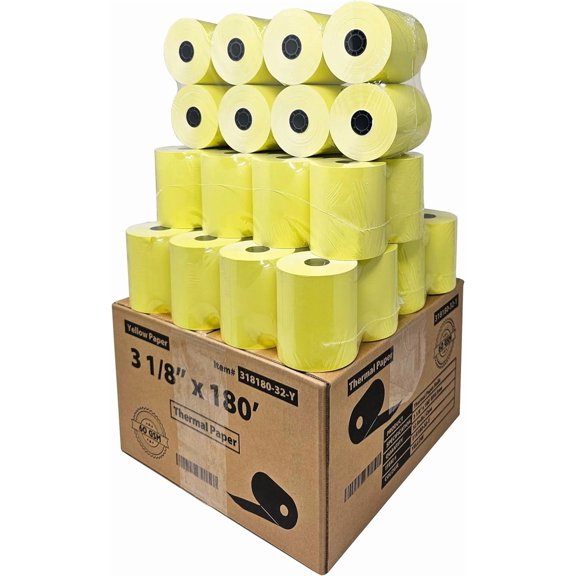 (32 Rolls) 3 1/8 x 180 Yellow Thermal Paper Receipt Rolls (60 GSM Paper Thickness) fits all Clover POS Cash Register Printers, Yellow Thermal Paper from