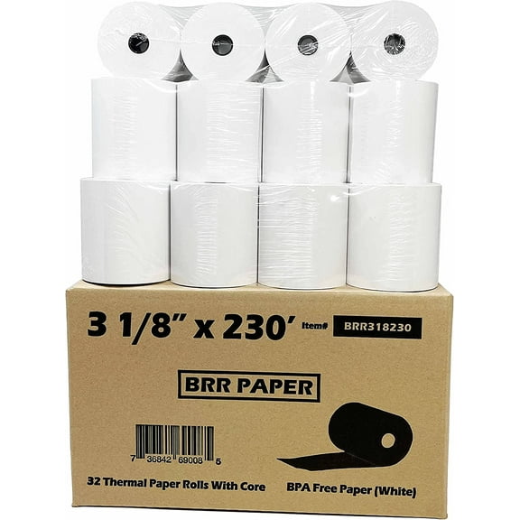 (32 Rolls) 3 1/8 x 230 Square POS Register Thermal Receipt Paper Rolls, TSP100, CT-S300, CT-S2000, M129B, M129C, M244A 109282 PMC05214 856348 Bpa Free - Nayelish