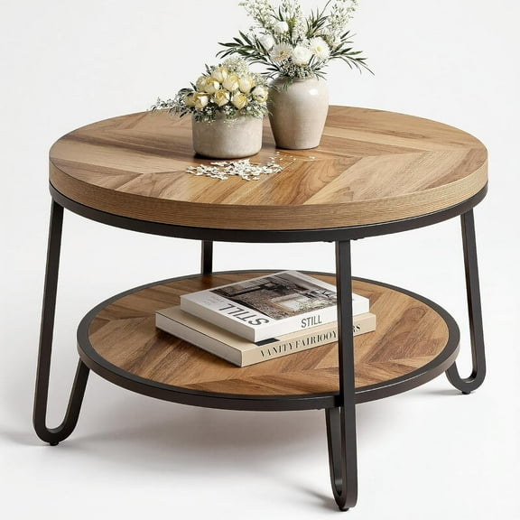32" Round Coffee Table, Wood Coffee Table for Sectional Sofa with 2-Tier Storage Shelves, Farmhouse Center Table with Wood Grain Desktop, Easy to Assemble