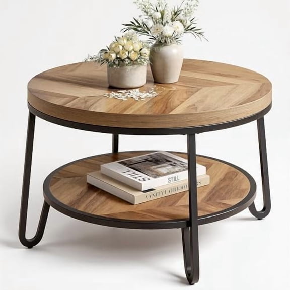 32" Round Coffee Table, Wood Coffee Table for Sectional Sofa with 2-Tier Storage Shelves, Farmhouse Center Table with Wood Grain Desktop, Easy to Assemble$$Furniture
