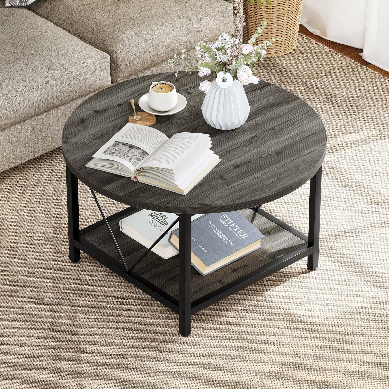 HOMPUS 32" Round Glass Coffee Table With Storage Shelf - Tempered Glass Top, Champagne Finish, Fully Assembled