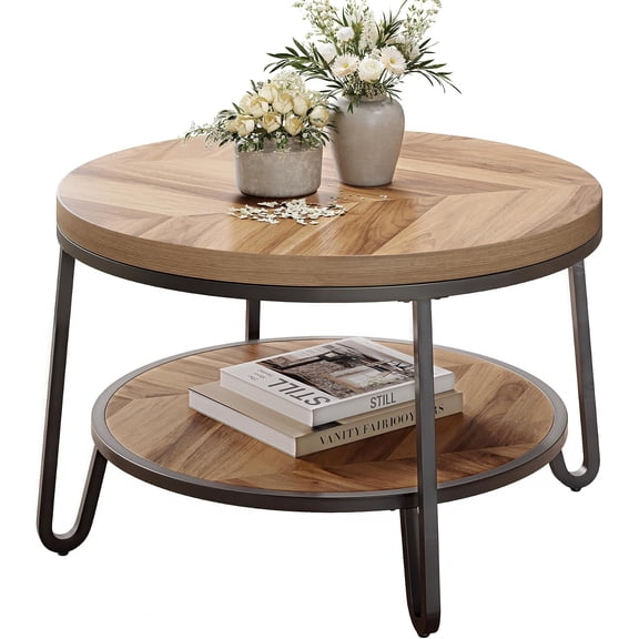32" Round Coffee Table with 2-Tier Storage Shelf | 2-tier round design. 31.5" tabletop. 1.57" engineered top. 88 lb capacity. Metal .