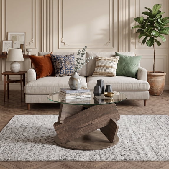 32" Round Coffee Table with Tempered Glass Top & Fashion Wood Base, Modern Center Table for Living Room,Gray