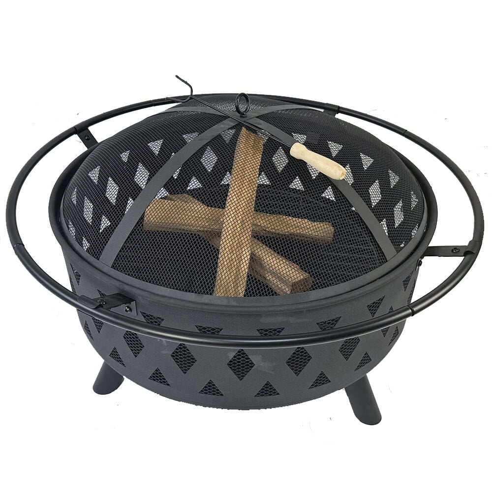 32" Round Fire Pit, Wood Burning Iron Fire Pit Set with Cooking Grill Grid, Camping Fire Bowl