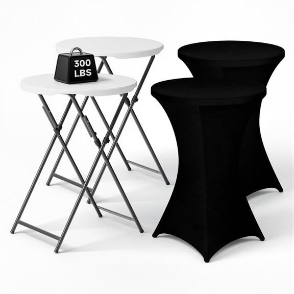 32" Round Folding Cocktail Table with Elastic Cover, Heavy Duty HDPE Top & Steel Frame, Stable & Easy to Clean, High Top Table for Parties, Patio, Events, 2 Pack