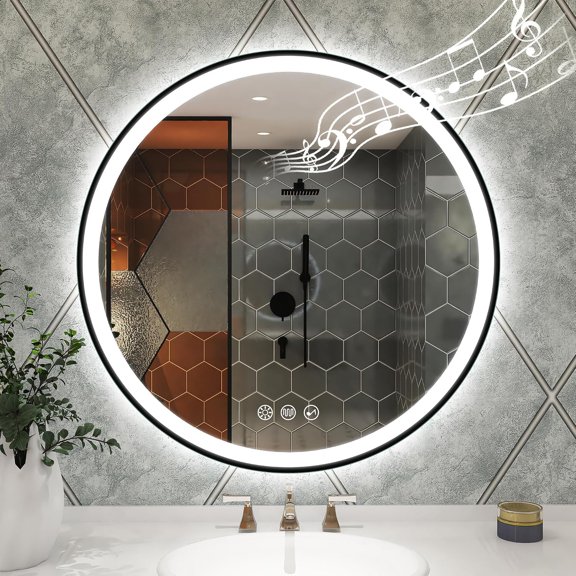 32" Round Frameless LED Bathroom Mirror with Bluetooth Speaker Dimmable Lighting 3 Color Modes Anti-Fog Touch Control Wall Mounted Vanity Mirror