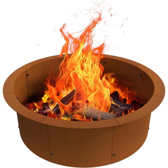 32" Round Metal Steel Fire Pit Ring, Solid with Collar Support, Wood Burning Insert Liner for Above or In-Ground, Patio, Backyard (Rusty)