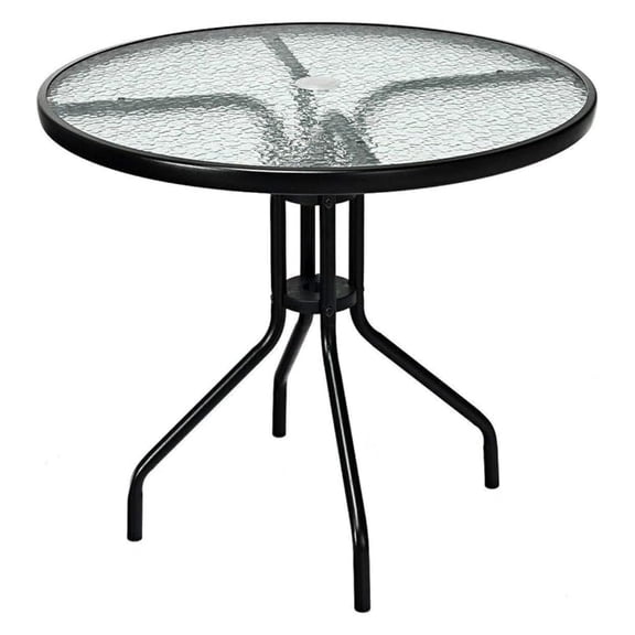 32'' Round Patio Table, Outdoor Bistro Table w/Umbrella Hole, Outdoor Coffee Table Dining Table w/Tempered Glass Top & Metal Frame for Backyard Lawn Balcony Pool