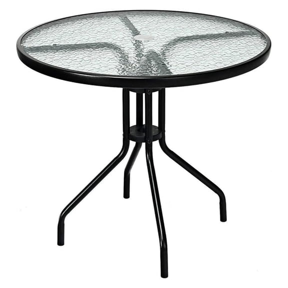 32" Round Patio Table, Outdoor Bistro Table with Umbrella Hole, Tempered Glass Top & Metal Frame for Backyard, Lawn, Balcony