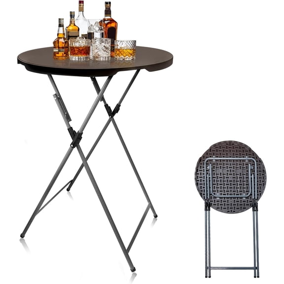 32" Round Plastic Folding High Top Table - Versatile Bar, Cocktail & Portable Pub Table for Parties, Bistro & Events(Brown)