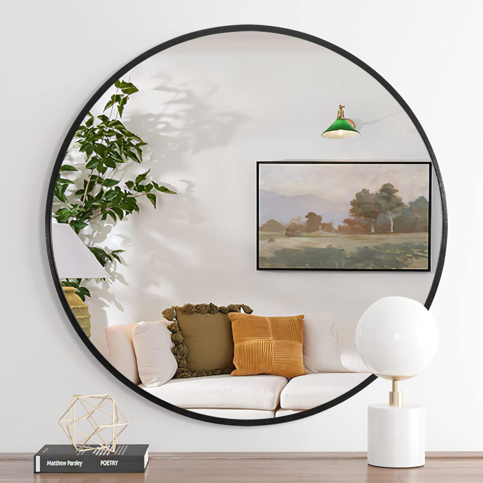32" Round Wall Mirror,Modern Circle Mirror Hanging or Wall Mounted,Black