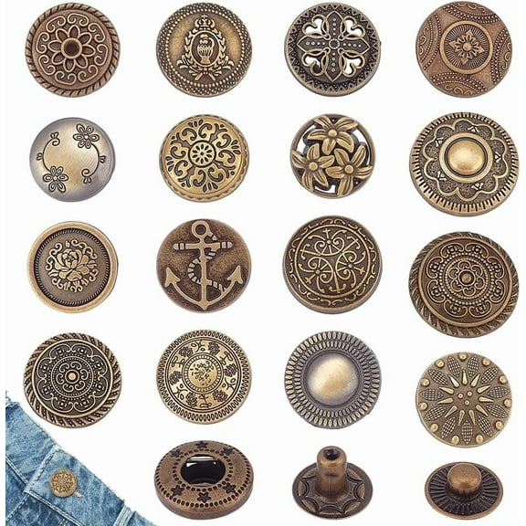 32 Set Fasteners Snaps 16 Style Alloy Snap Buttons Sew On Press Snap Button Fasteners Flat Round with Flower Fasteners for Jacket Bag Bronze Metal Antique Bronze