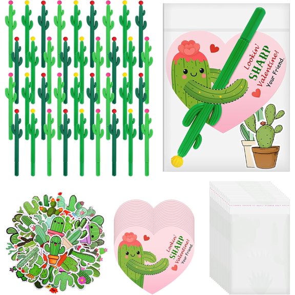 32 Set Valentine's Day Cactus Ballpoint Pen Cards Stickers, Cactus Pens Valentine Gifts Exchange Cards, Cactus Card Black Gel Ink Pen Party Favors for Valentines Classroom Student Supplies$$Office