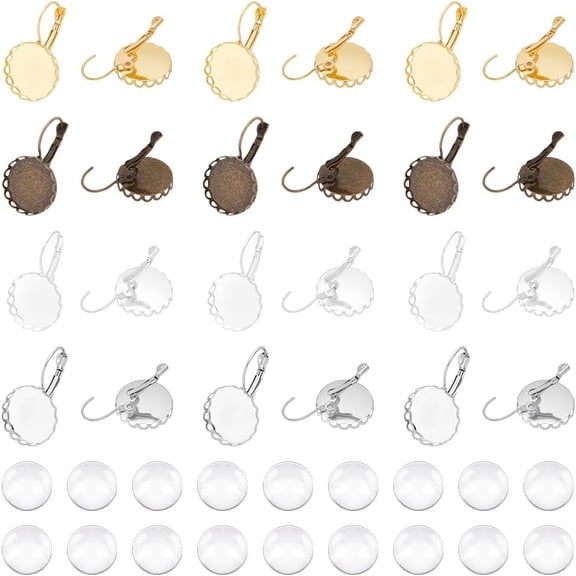 32 Sets 4 Colors LeverBack Hoop Earrings Tray 18mm Ear Wires Blank Cabochon Earring Settings Blank Bezels Earring with 32Pcs Cabochons