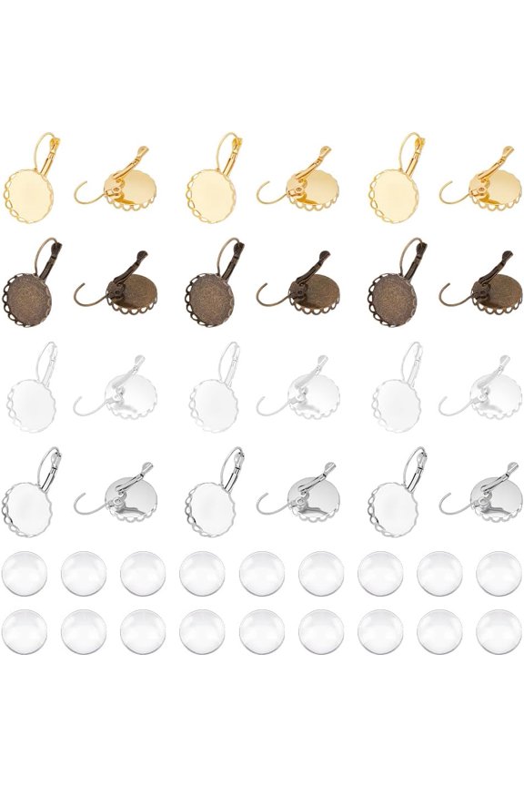 32 Sets 4 Colors LeverBack Hoop Earrings Tray 18mm Ear Wires Blank Cabochon Earring Settings Blank Bezels Earring with 32Pcs Cabochons