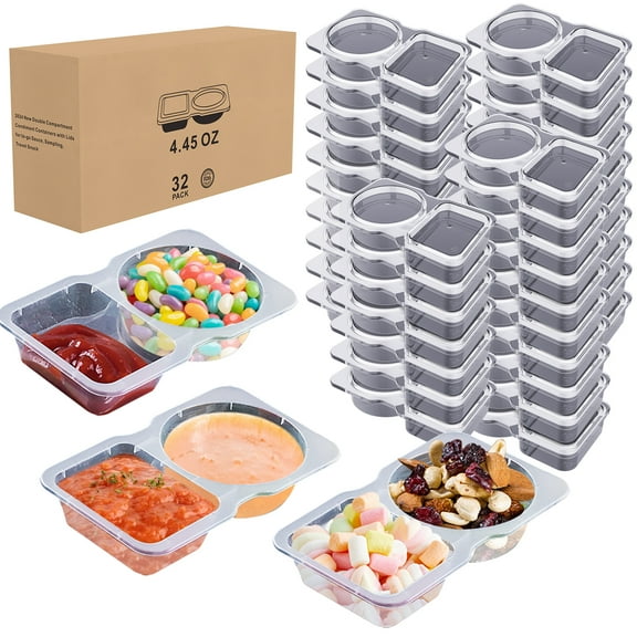 32 Sets Condiment Containers with Lid, Disposable Double Compartment Condiment Plastic Container, 5OZ to-go Small Snack Box Containers for Sampling, Salad Dressing, Travel Snack, Take-out Sauces