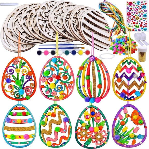32 Sets of Decorations DIY Craft Kits Various Paintable Unfinished Wooden Laser-Cut Egg Ornaments for Children Easter Spring Classroom Family Activities Art Projects