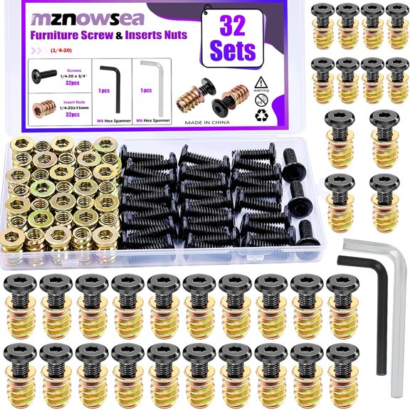 32 Sets Furniture Screw Nut 1/4-20 x 3/4" Threaded Inserts for Wood 1/4-20 x 19/32" Nut Threaded Wood Inserts Bolt Fastener Connector with Hex Spanner