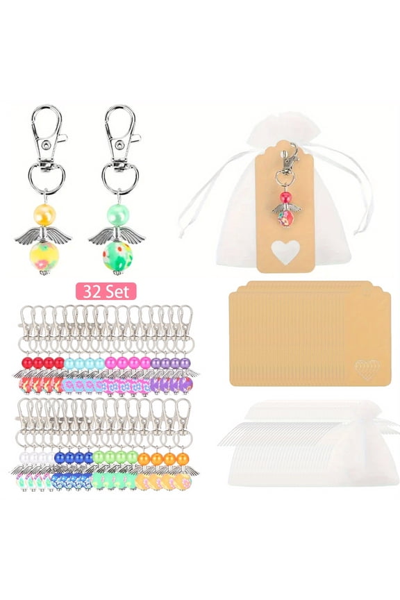 32 Sets Vibrant Guardian Angel Keychains Bulk Beaded Keychain Sets with Aluminum Alloy Wings & Faux Pearl Charms - Ideal for Wedding Favors, Bridal Shower, Party Favor Keychains & Bag Charms