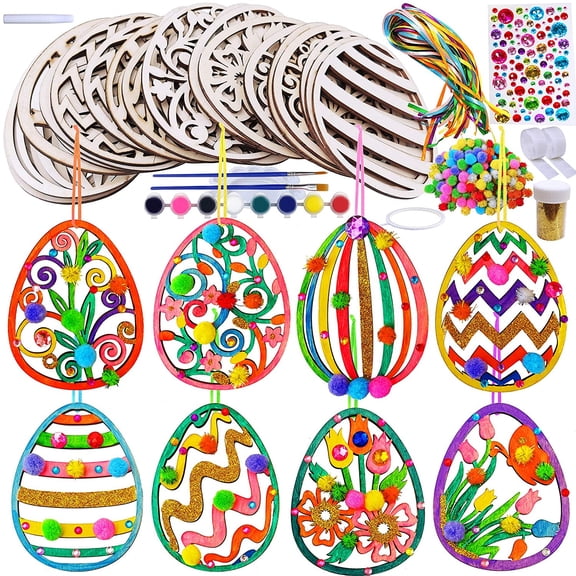 32 Sets Wooden Easter Ornaments Decorations DIY Easter Craft Kits Assorted Paintable Unfinished Wood Laser Cut Easter Egg Ornaments Pom-poms for Kids Easter Spring Classroom Home Activity Art Project