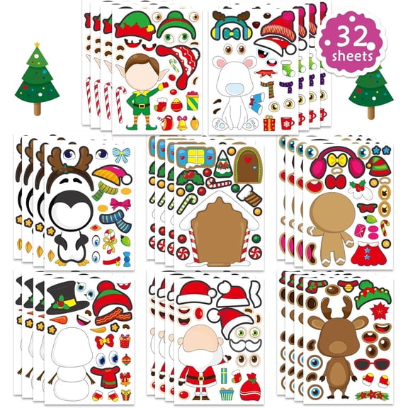 32 Sheets Christmas Make-a-Face Stickers for Kids Toddlers, DIY Make Your Own Characters Xmas Holiday Stickers, Christmas Party Favor Supplies, Classroom Crafts & Christmas Stocking Stuffer Gifts