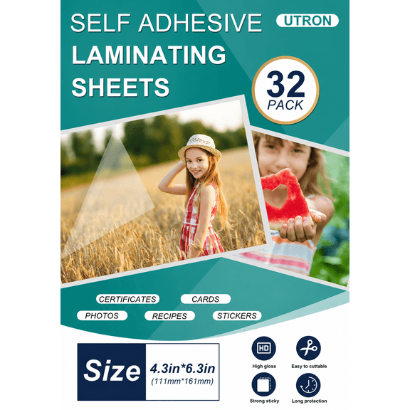 32-Pack Self Adhesive Laminating Sheets 4.3 x 6.3 Inch – No Machine Needed Clear Cold Laminating Film – Waterproof Sticker & Photo Protector Sheets for Labels, Certificates, Cards & Crafts