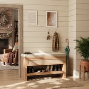 32 Shoe Bench With Storage Drawer, Farmhouse Entryway Bench With Seat Cushion & Shelf, Wooden Shoe Rack Organizer For Hallway, Living Room, Bedroom   Rustic Oak