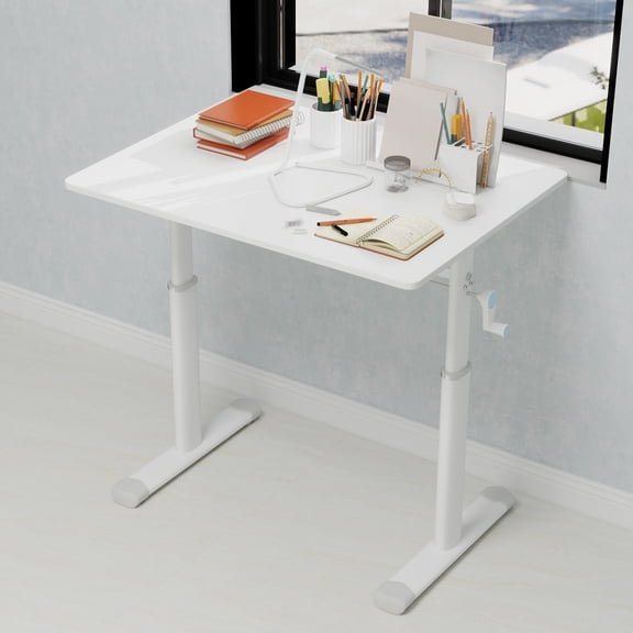 32" Small Computer Desk for Home Office,Sit Standing Up Study Writing Table with Height Adjustable,Manual Crank Sit Stand Up Desk,Heavy Duty 330lbs,White