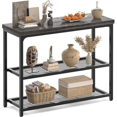 32" Small Console Table, 3-Tier Entryway Table, Sofa Table with Mesh Shelves, Console Tables for Living Room, Bedroom, Hallway, Entryway, Foyer, Grey