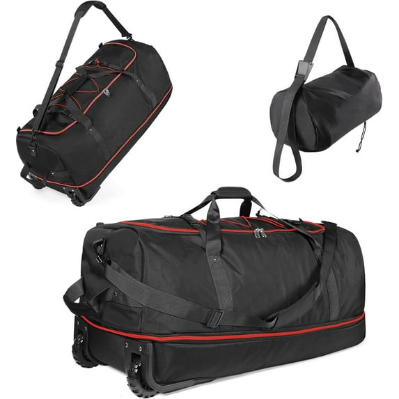32" Soft-Sided Foldable Wheeled Duffle Bag, 110L Expandable 140L Rolling Travel Bag with Matching Storage Pouch, Black-Red